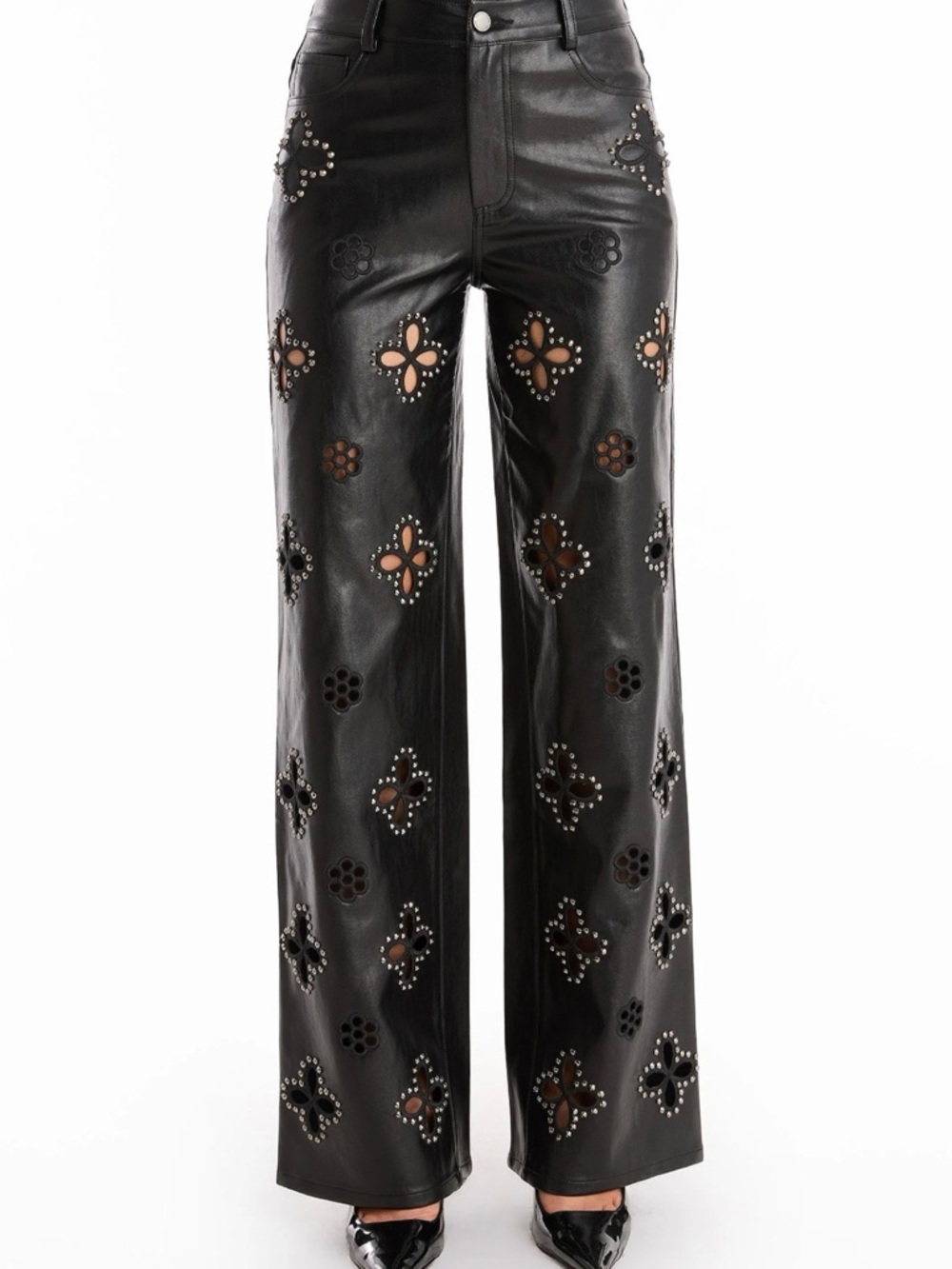 Noli Black Faux Leather Straight-Leg Pants with Laser-Cut & Stud Details - Picture 2 of 3